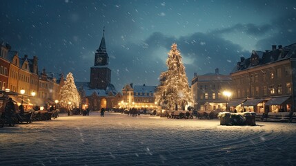 Fototapeta na wymiar Snow-covered town square with a grand Christmas tree, emphasizing festive community spirit