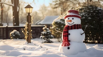 Snowman built in a backyard, adorned with a scarf and hat, emphasizing winter fun