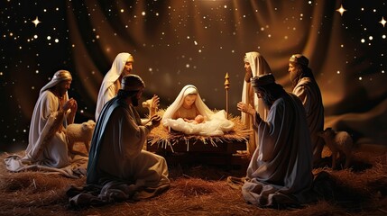 Traditional nativity scene set against a starlit night, capturing the spiritual essence of Christmas - obrazy, fototapety, plakaty