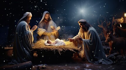Traditional nativity scene set against a starlit night, capturing the spiritual essence of Christmas