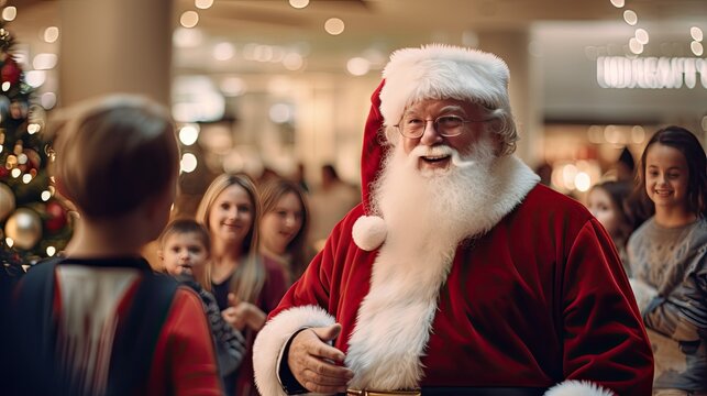 Santa Claus interacting with excited children in a mall, capturing the magic of belief