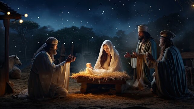 Traditional nativity scene set against a starlit night, capturing the spiritual essence of Christmas