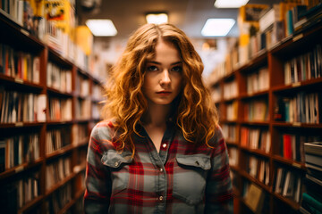 A young girl stands among bookcases in a library (bookstore) and chooses a book