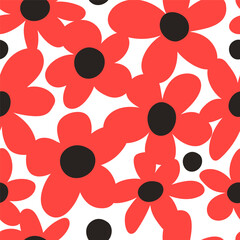 Poppy. Bold red flowers. Childrens seamless pattern. Flowers summer trend. Vector design. Red background - 645326976