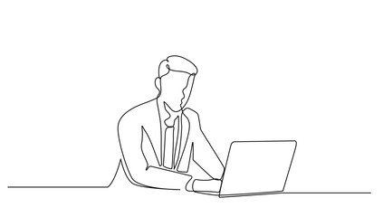 continuous line drawing of man sitting using laptop computer, for business vector illustration © Candra