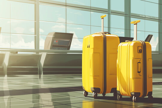 generative ai illustration of two suitcases standing alone at the airport, concept of travelling