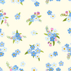 Baby doll ditsy seamless pattern. Flowers summer trend. Vector design. Pretty Blue Flowers Forget-Me-Nots - 645327515