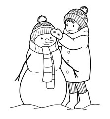 Hand-drawn illustration girl with snowman. Black and white images on white background.