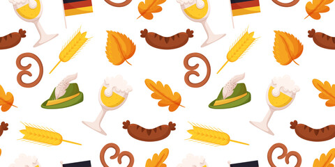 Seamless pattern with German beer festival objects such a glass of beer, grilled sausage, wheat and pretzel, tyrolean hat