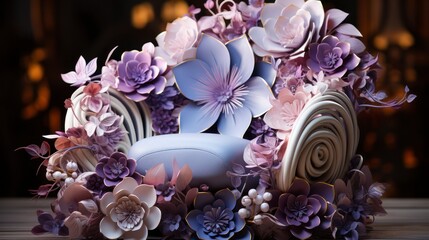 a chair which is made of flowers, in the style of ethereal forms, dark white and light purple, realistic yet ethereal, futuristic sleekness, sharp, vivid colors, art nouveau inspiration