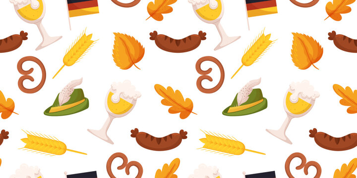 Seamless pattern with German beer festival objects such a glass of beer, grilled sausage, wheat and pretzel, tyrolean hat