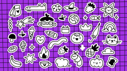 A set of cute hand drawn doodle stickers. Kids line drawing. Vector illustration on purple background