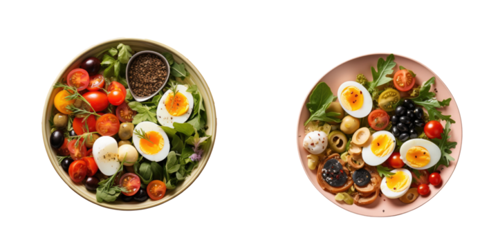 Heart shaped plate topped with a nutritious salad cherry tomatoes feta quail eggs olives and microgreens on a transparent background healthy eating view from above plenty of room for text