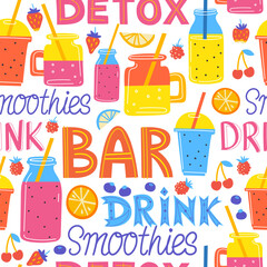 Smoothies bar seamless pattern. Illustration in flat style with drinks, fruit and lettering. Drink menu design for bar. Summer design. Detox. - 645328565