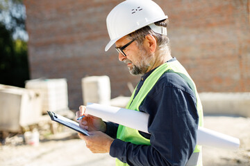 Architect with papers at a construction site talking on the phone