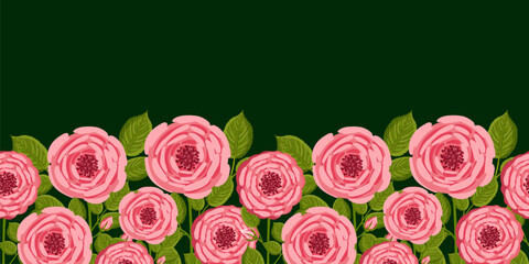 Seamless pattern with blooming roses. Vector floral illustration for postcard, poster, fabric, wrapping paper, decor etc. Flowers for spring and summer holidays.
