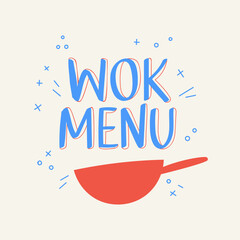 Wok Logo Design Illustration. Menu logo template with pan. Asian vector restaurant design. - 645328756