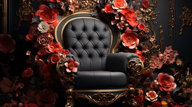 a rococo chair which is made of flowers, in the style of ethereal forms, black and gold, red, realistic yet ethereal, futuristic sleekness, sharp & vivid colors, art nouveau inspiration