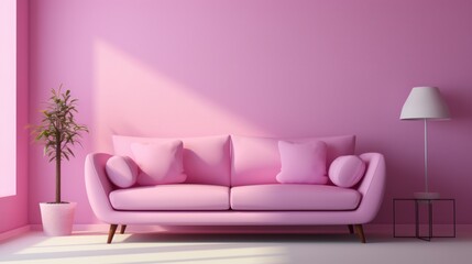 Stylish minimalist interior of modern cozy living room in pastel pink and purple tones. Trendy couch with cushions, coffee table with lamp, houseplant, creative design details. Mockup, 3D rendering.