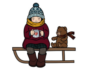Hand-drawn illustration with girl and teddy bear