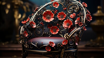 a rococo chair which is made of flowers, in the style of ethereal forms, black and gold, red, realistic yet ethereal, futuristic sleekness, sharp & vivid colors, art nouveau inspiration