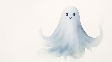 Cute Halloween Ghost Watercolor Concept - Simple and Minimalist Isolated on White Background - Children's Illustration Art Style with Copy Space - Horizontal Layout