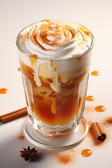 A cup of coffee with whipped cream and cinnamon. Fictional image.