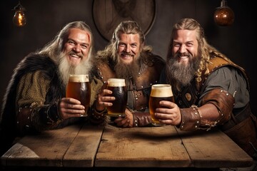 three vikings men drinking beer and smiling at camera