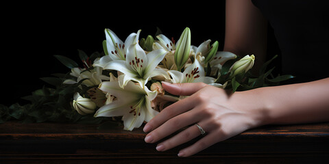 Woman hands with lily flowers and coffin at funeral - obrazy, fototapety, plakaty