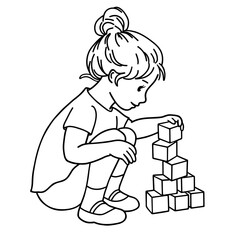 Hand-drawn coloring page with girl. Black and white images on white background.