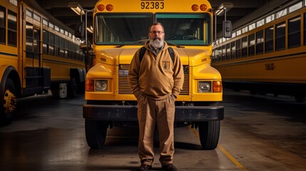 school bus driver in front of school bus station
