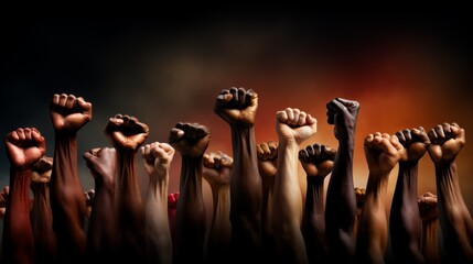 group of multiethnic people raised fists up to the air - obrazy, fototapety, plakaty
