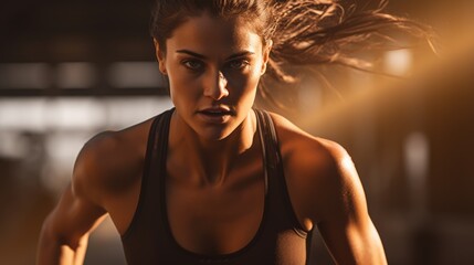 athlete woman in action in golden hour - obrazy, fototapety, plakaty
