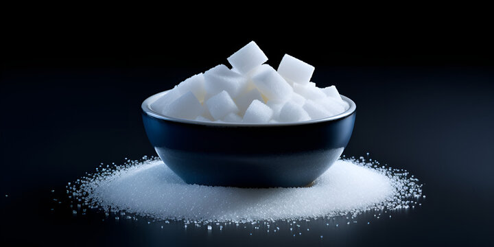 Pieces of refined sugar in a bowl and sweetener powder on dark background