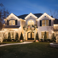 lifestyle photo christmas house exterior full of lights.