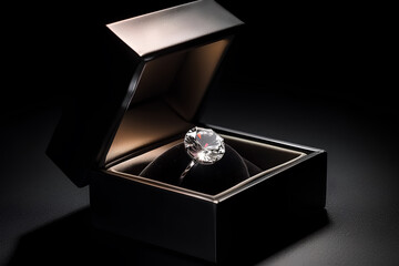Diamond ring in its box on black background