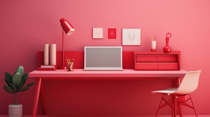 Stylish minimalist monochrome interior of modern office room in pastel carmine red and pink tones. Large desktop, computer, office tools, table lamp, houseplant, office chair. Mockup, 3D rendering.