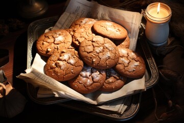 A tray of gingerbread cookies and a candle on a table. Fictional image.