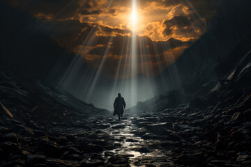 A man walking through a dark valley toward the heavenly light trusting in God Generative AI Illustration - obrazy, fototapety, plakaty