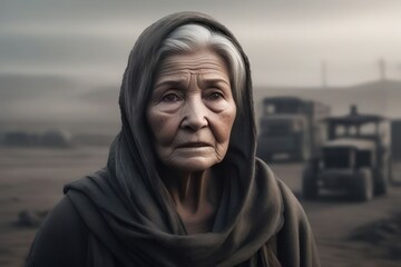 Old woman with wrinkles, scars and soot spots on her face. In dirty and worn clothes. Post-apocalyptic wasteland with devastation in the background in muted tones. Generative AI