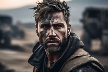 Brutal man with scars and soot spots on his face. In dirty and worn clothes. Post-apocalyptic wasteland with devastation in the background in muted tones. Generative AI