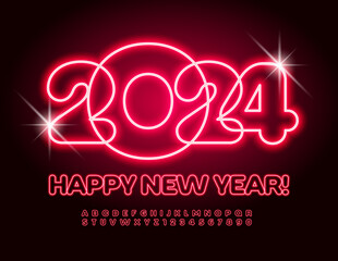 Vector trendy greeting card Happy New Year 2024! red Neon Font. Illuminated Alphabet Letters and Numbers set
