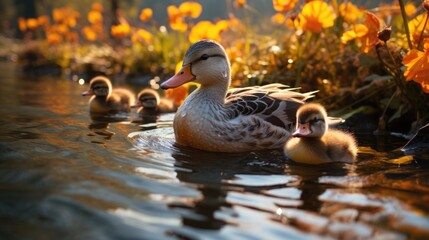 Obraz premium A mother duck and her ducklings swimming in a pond. Fictional image. Autumn season, orange leaves.