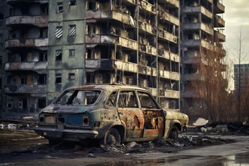 Selbstklebende Fototapete Kiew  burned-out automobile in a war-torn city. Vehicle insurance for war-damaged autos.