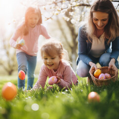 Fototapeta na wymiar lifestyle photo easter egg hunt with children.