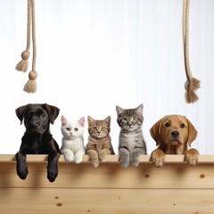Cats and dogs hanging paws over white banner 