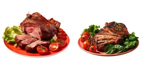 Grilled shoulder meat with tomatoes and lettuce on a red plate transparent background