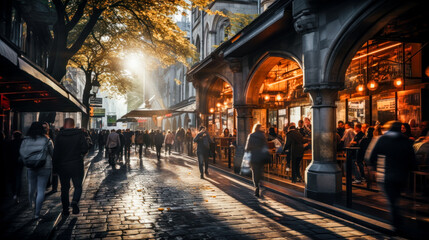 Fototapeta na wymiar Bustling Urban Environment Teeming with Pedestrians Making their Way through the Busy Streets where Traffic creates a Captivating Play of M Movement Generative AI Digital Art Wallpaper Background