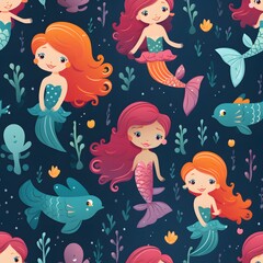Obraz na płótnie Canvas Cute mermaids cartoon seamless pattern background.