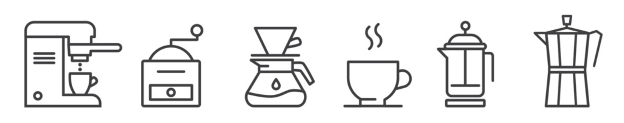 Coffee editable thin line icons set - Coffee maker machine, grinder, espresso, cup, french press and drip coffee